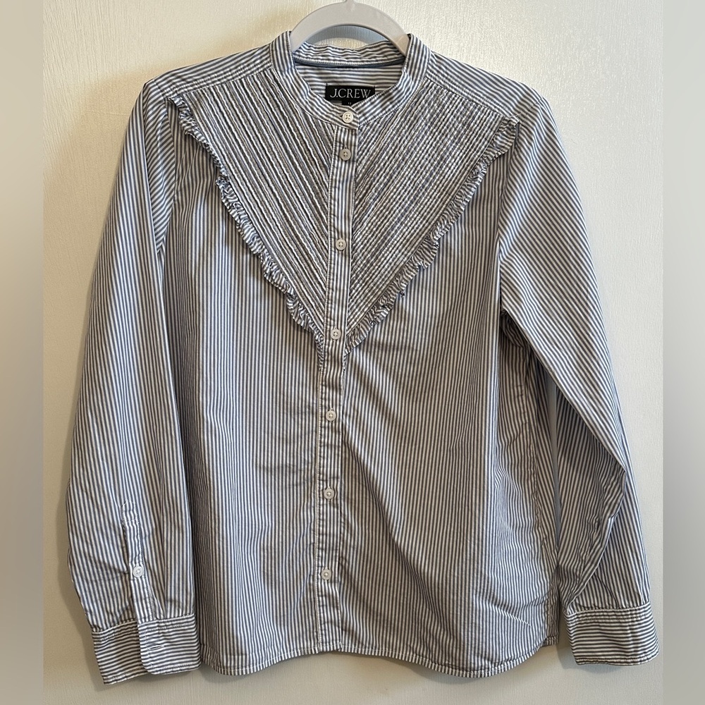 J. Crew Blue and White Striped Button Up Shirt with Ruffled Detail, Size 12